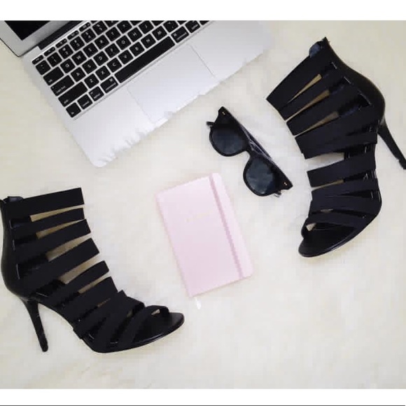 Black Multiple Straps Stiletto Heel Caged Sandals - Picture 1 of 7